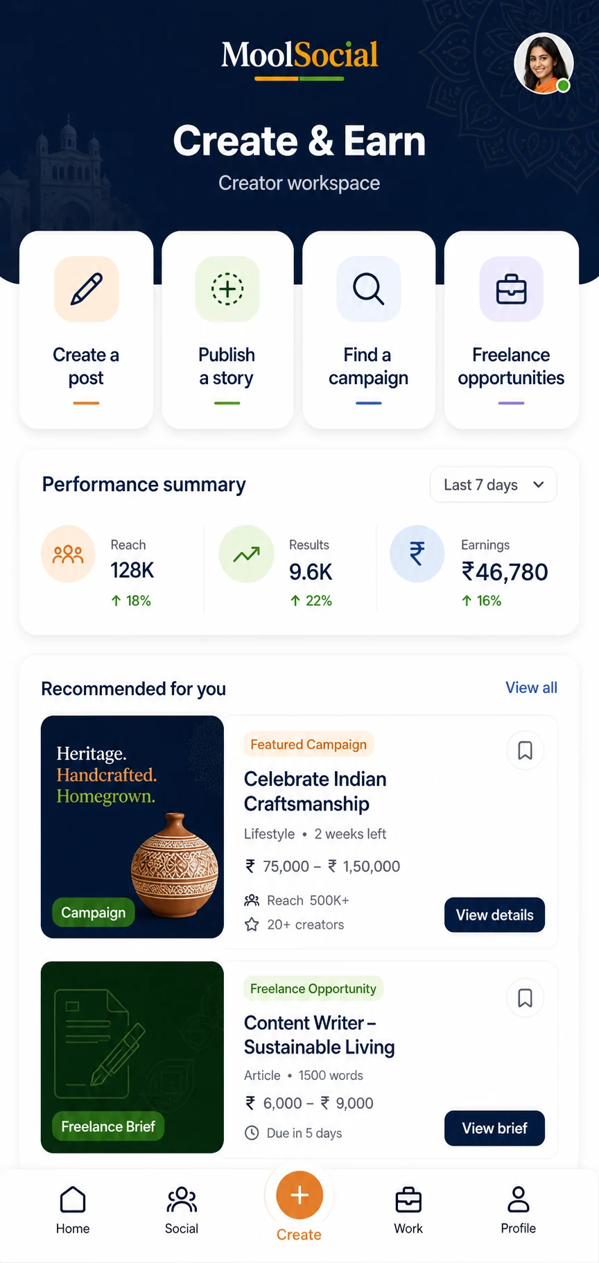 MoolSocial creator workspace showing publishing, campaigns and earnings