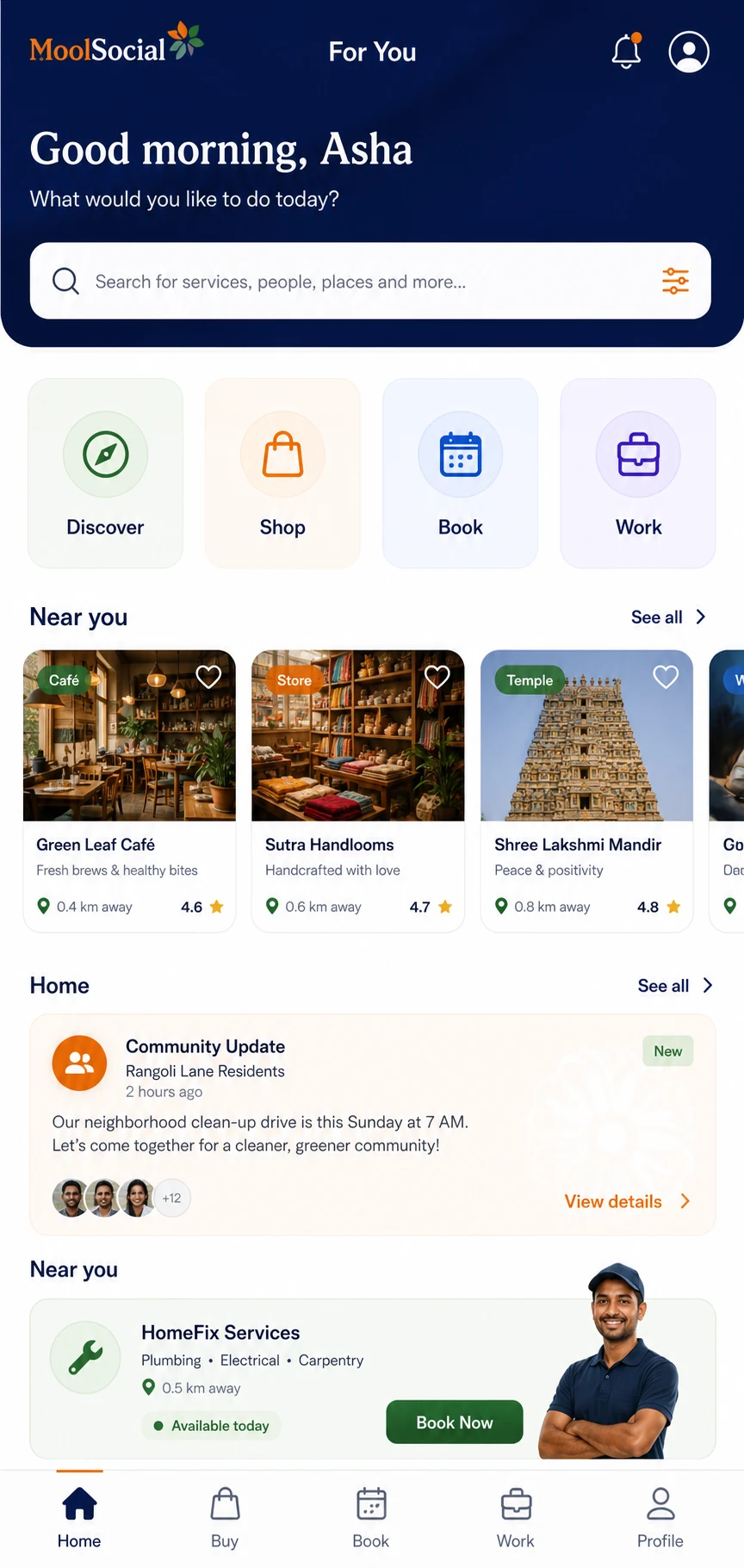 MoolSocial personalised home screen showing local places, shopping, bookings and services