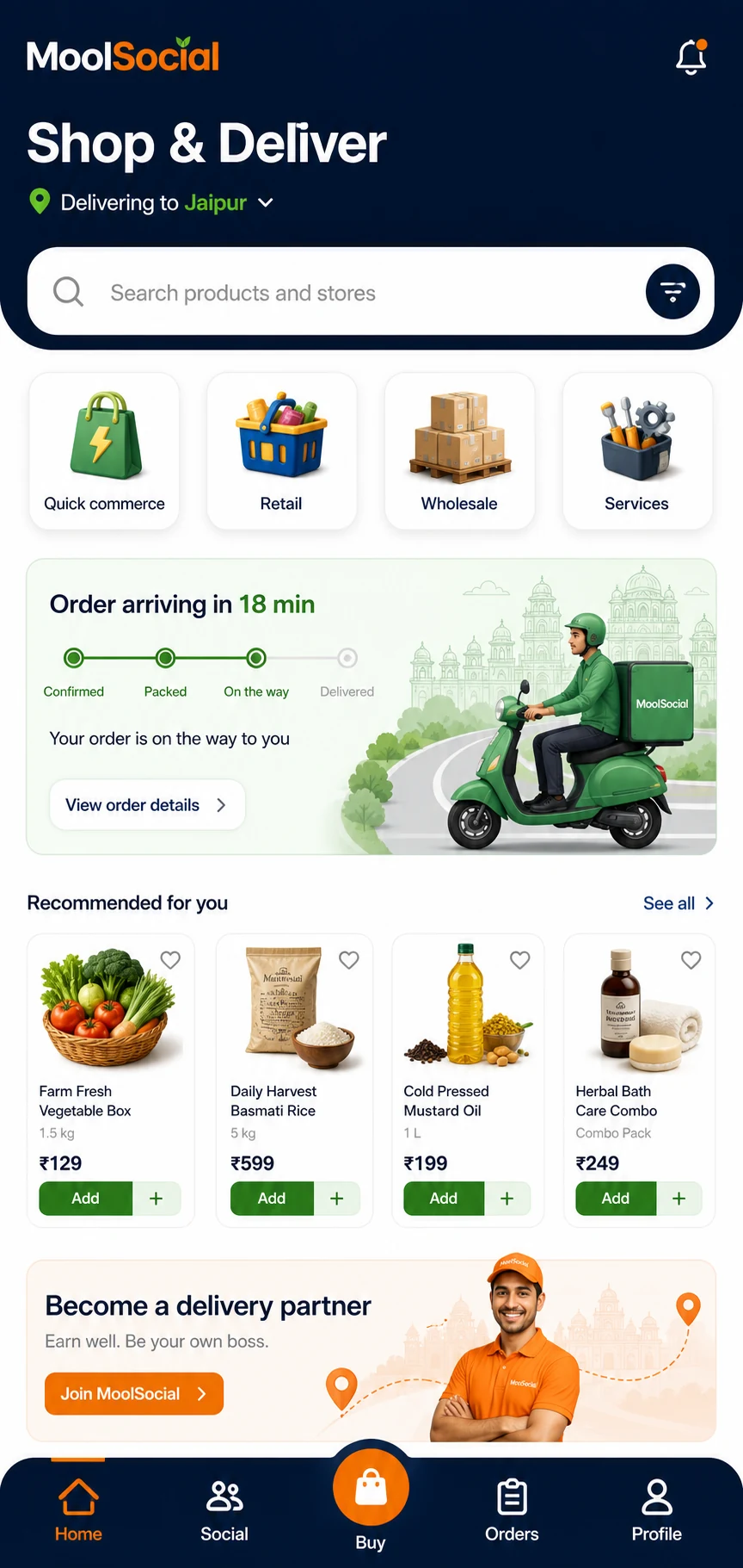 MoolSocial marketplace screen showing local shopping and delivery