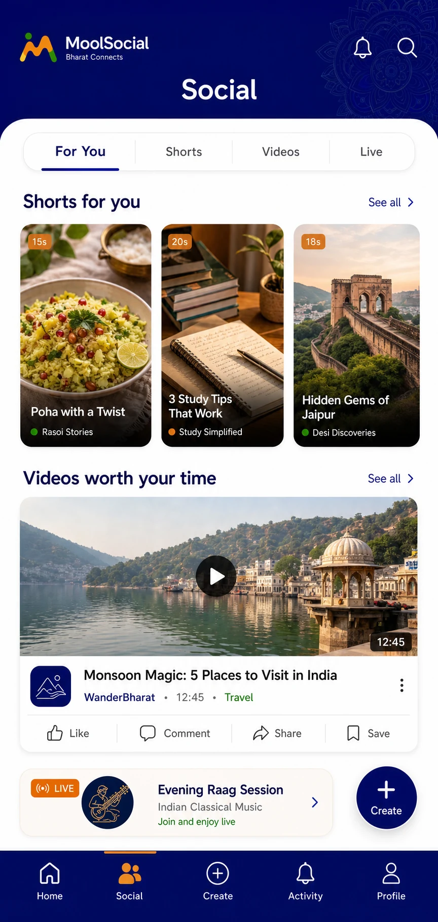 MoolSocial social feed showing Shorts, Videos and Live