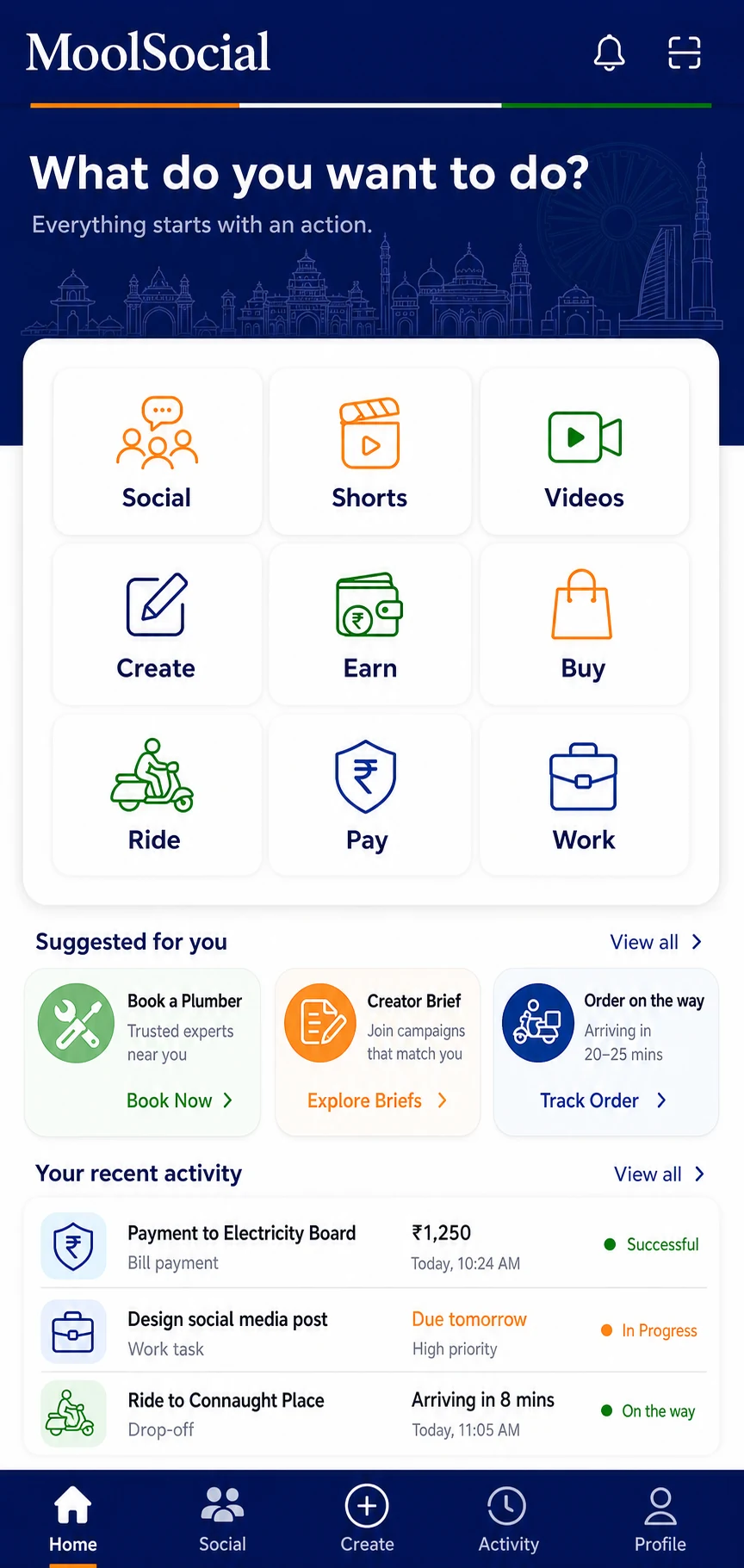 MoolSocial home screen showing Social, Create, Earn, Buy, Ride, Pay and Work