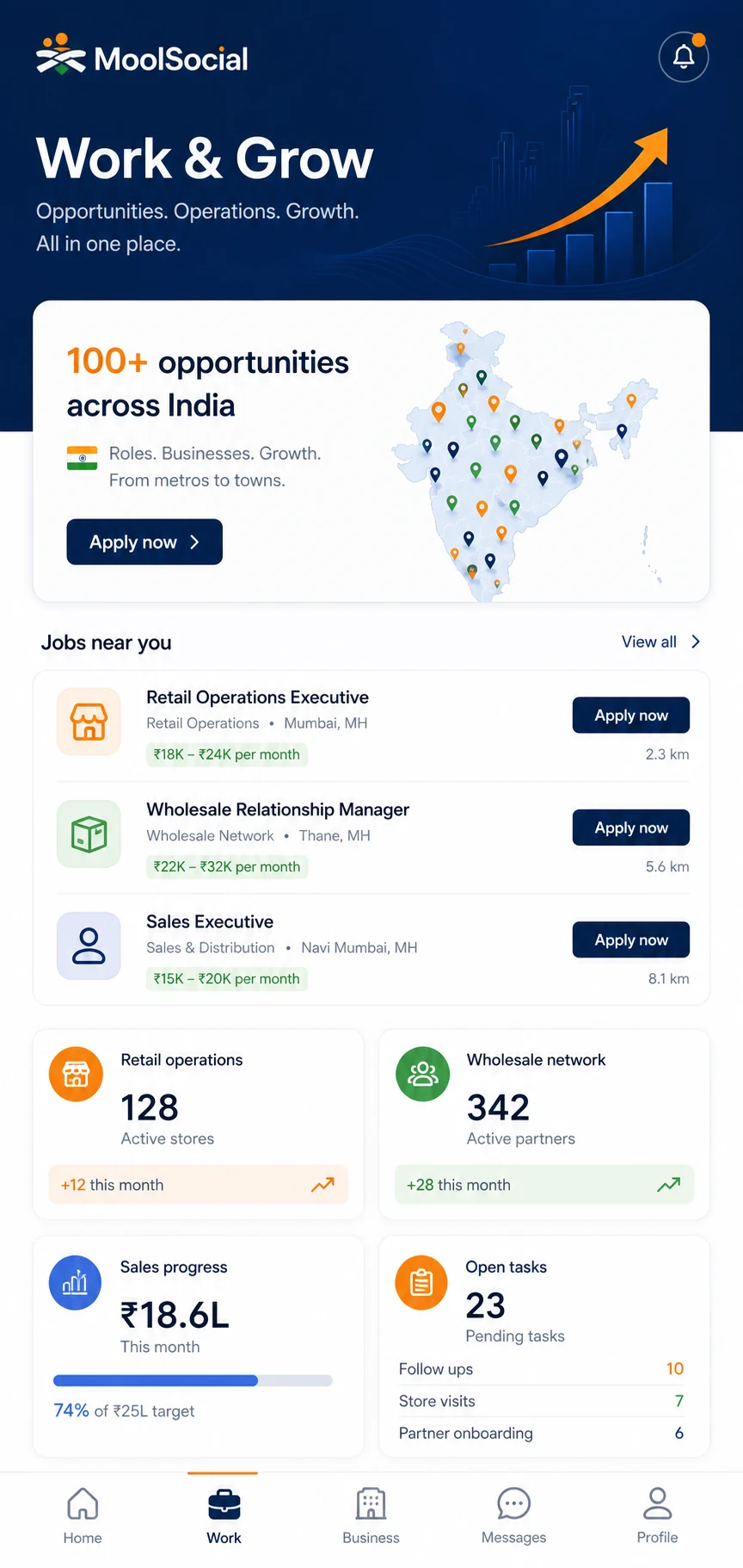 MoolSocial work screen showing jobs, applications and business performance